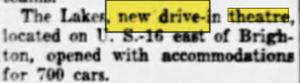 May 7 1952 article Lakes Drive-In Theatre, Brighton